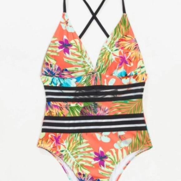 TROPICAL ONE PIECE Bathing Suit Sz L Yellow Mesh Barbiecore Floral GORGEOUS - Picture 1 of 13